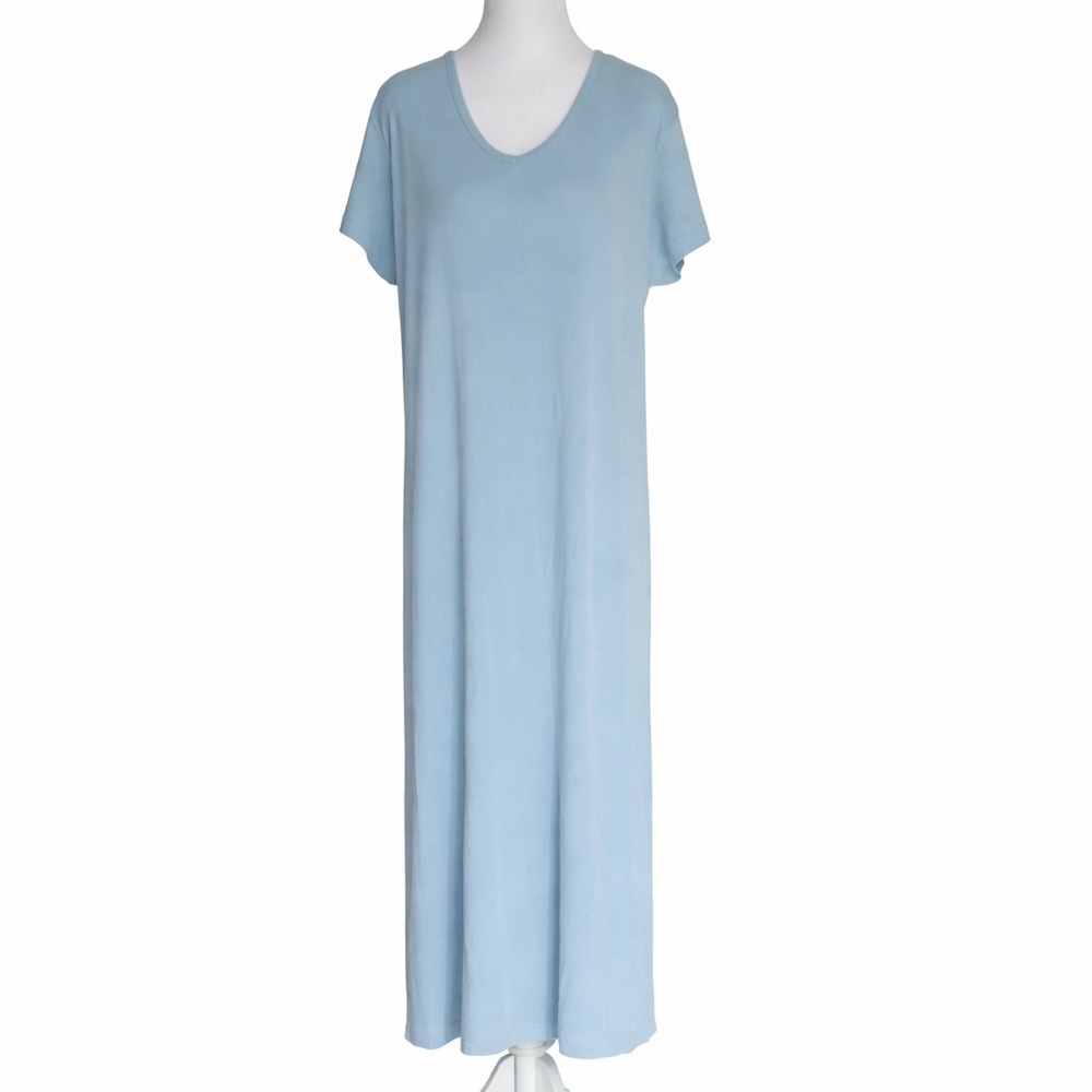L.L. Bean Vintage 90s‎ Rib Knit Maxi Dress Large Petite LP Blue Short Sleeve